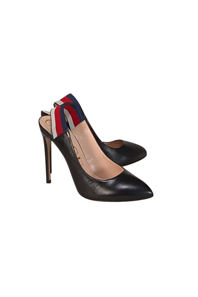 Current Boutique-Gucci - Black Leather Pointed Toe Pumps w/ Striped Stretch Slingback Sz 10