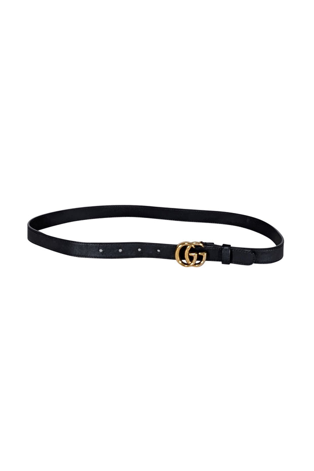 Current Boutique-Gucci - Black Leather Thin Belt w/ Brass Logo Buckle Sz S