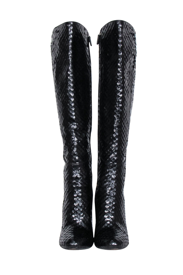 Current Boutique-Gucci - Black Snake Skin Textured Leather Stiletto Tall Boots Sz 9