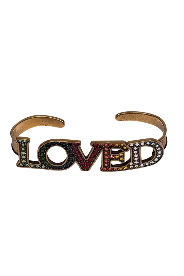 Current Boutique-Gucci - Gold & Multi Color Rainbow Jeweled "Loved" Palm Cuff