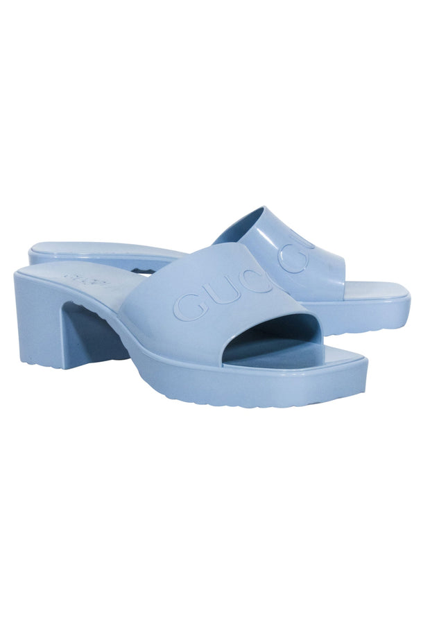 Current Boutique-Gucci - Light Blue Rubber Logo Platform Slide Sandals Sz 11