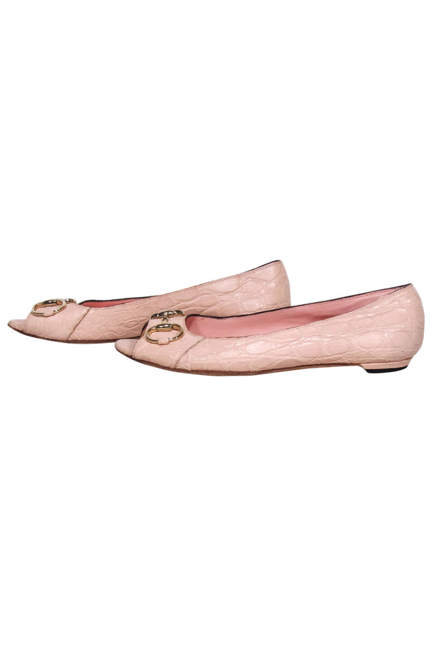 Current Boutique-Gucci - Light Pink Reptile Embossed Peep Toe Flats Sz 8