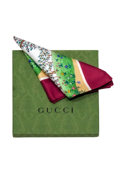 Current Boutique-Gucci - Maroon Trim w/ Multi Color Tree Print Silk Scarf