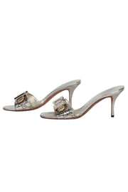Current Boutique-Gucci - Silver Embossed Logo Buckle Front Open Toe Pumps Sz 6.5