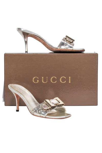 Current Boutique-Gucci - Silver Embossed Logo Buckle Front Open Toe Pumps Sz 6.5
