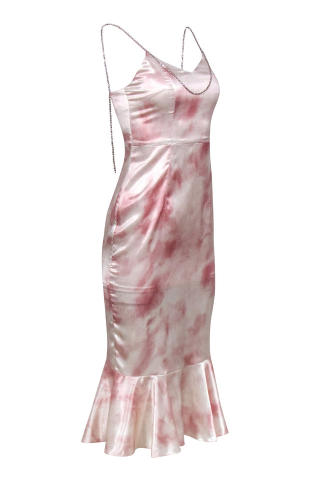 Current Boutique-Guo Jingyi - Pink & White Print Satin Dress w/ Rhinestone Straps Sz S