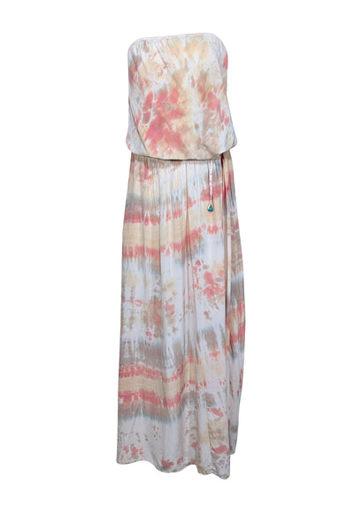 Current Boutique-Gypsy - Yellow, Coral, & White Tie Dye Strapless Maxi Dress Sz S