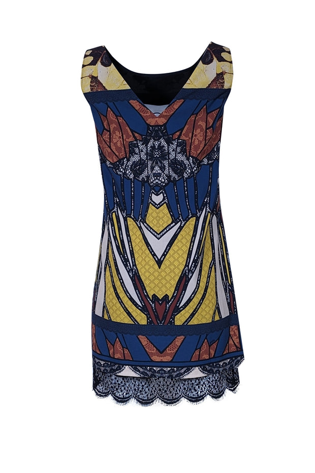 Current Boutique-Hale Bob - Navy, Brown, Chartreuse & Cream Abstract Print w/ Lace Trim Mini Dress Sz XS