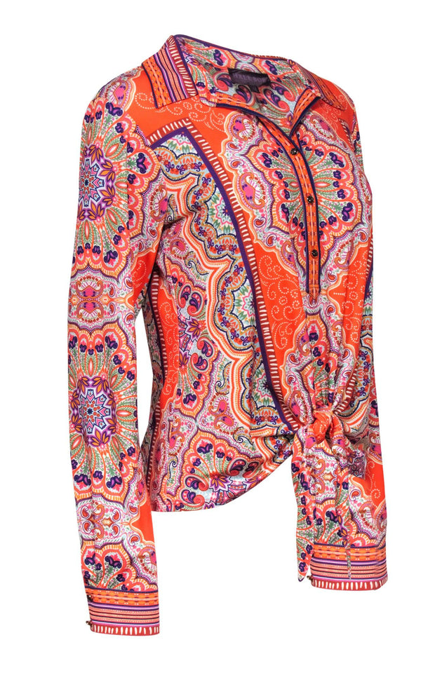 Current Boutique-Hale Bob - Orange Multicolor Paisley Print Tie-Front Blouse Sz M