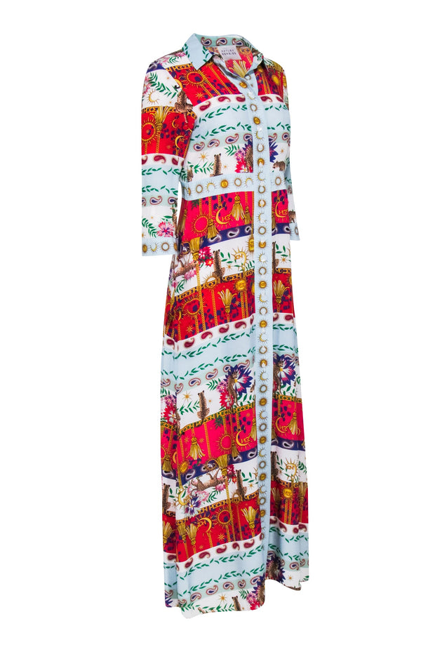 Current Boutique-Haley Menzies - Light Blue & Multicolor Leopard Print Maxi Shirt Dress Sz S