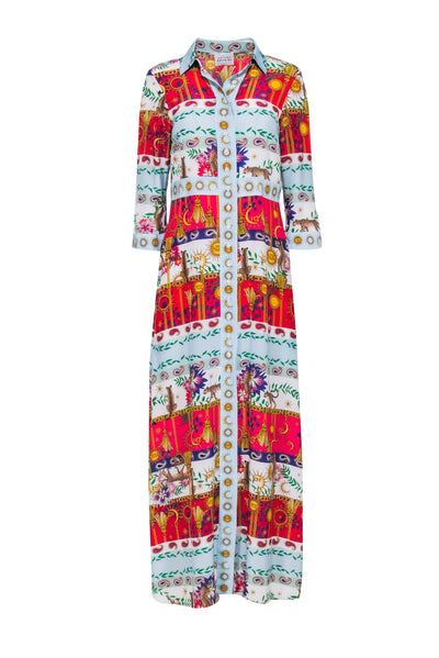 Current Boutique-Haley Menzies - Light Blue & Multicolor Leopard Print Maxi Shirt Dress Sz S