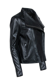 Current Boutique-Halogen - Black Leather Moto Jacket w/ Rib Knit Sleeves Sz M