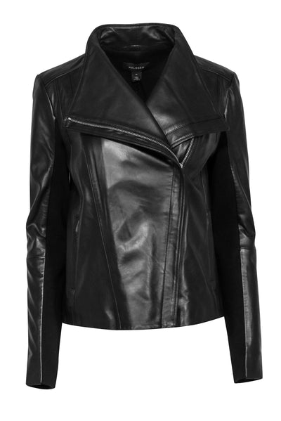 Current Boutique-Halogen - Black Leather Moto Jacket w/ Rib Knit Sleeves Sz M