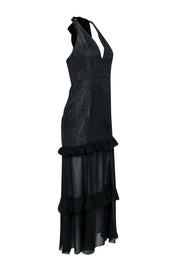 Current Boutique-Halston - Black Halter Formal Dress w/ Ruffle Trim Sz 4