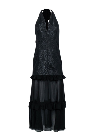 Current Boutique-Halston - Black Halter Formal Dress w/ Ruffle Trim Sz 4