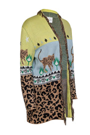 Current Boutique-Hayley Menzies - Tan, Chartreuse, & Blue Leopard Cotton Jacquard Cardigan Sz M