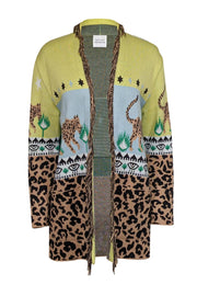 Current Boutique-Hayley Menzies - Tan, Chartreuse, & Blue Leopard Cotton Jacquard Cardigan Sz M