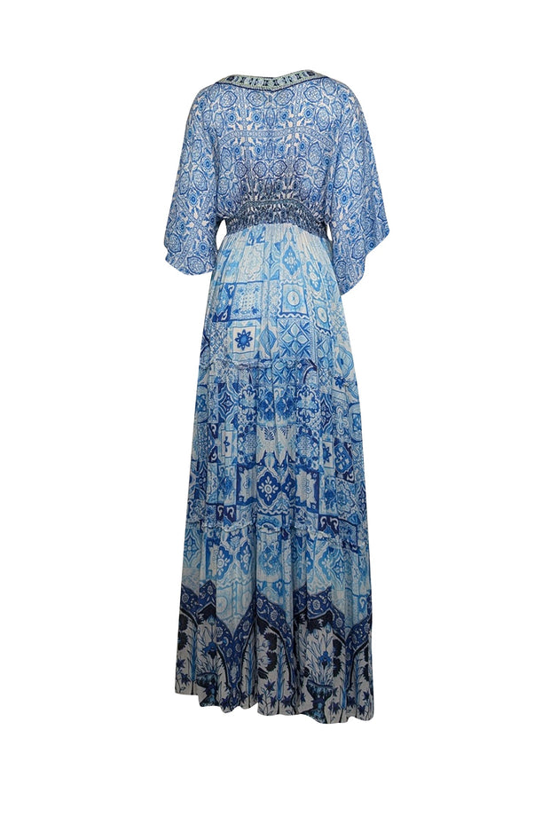 Current Boutique-Hemant & Nandita - Blue & White Paisley Print Shirred Maxi Dress Sz M