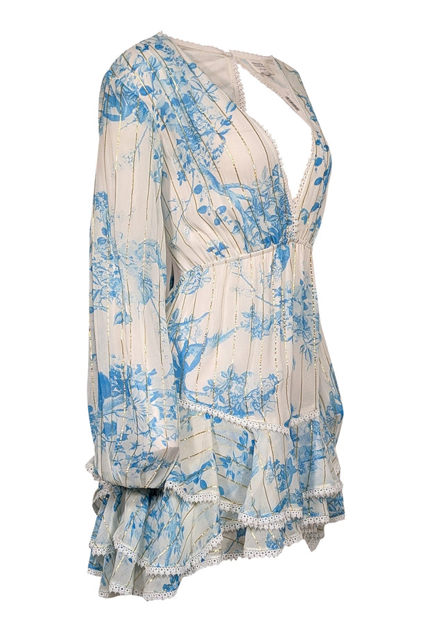 Current Boutique-Hemant & Nandita - Ivory & Blue Floral Print Chiffon Dress w/ Metallic Stripes Sz L