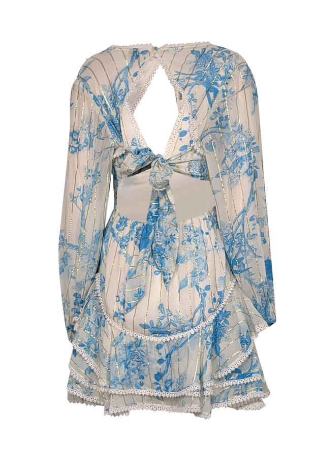 Current Boutique-Hemant & Nandita - Ivory & Blue Floral Print Chiffon Dress w/ Metallic Stripes Sz L