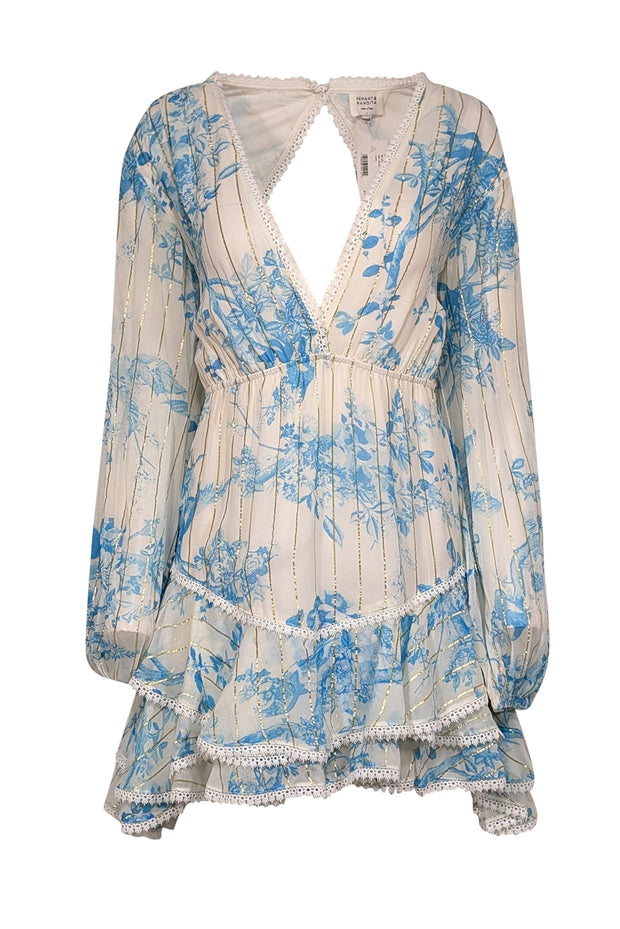 Current Boutique-Hemant & Nandita - Ivory & Blue Floral Print Chiffon Dress w/ Metallic Stripes Sz L