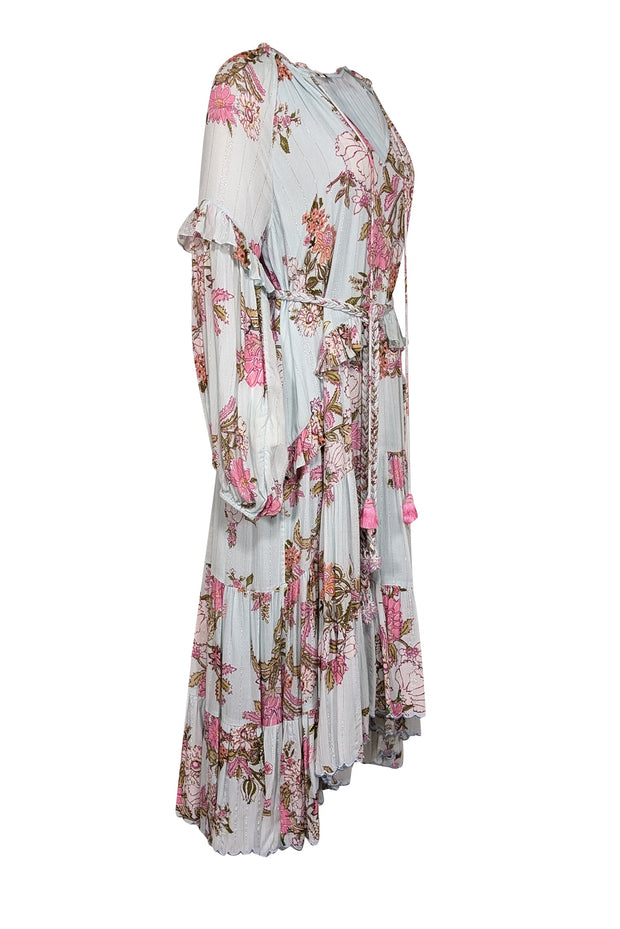 Current Boutique-Hemant & Nandita - Light Blue & Pink Floral Print Ruffled Midi Dress Sz S