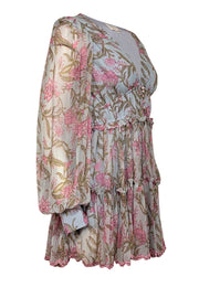 Current Boutique-Hemant & Nandita - Light Blue & Pink Floral Print Ruffled Mini Dress Sz M