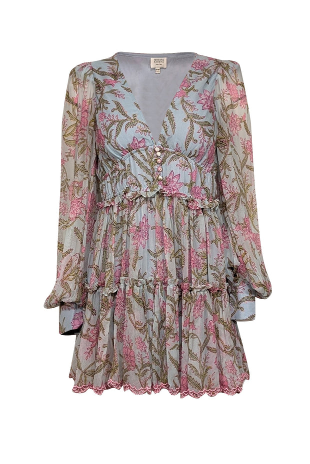 Current Boutique-Hemant & Nandita - Light Blue & Pink Floral Print Ruffled Mini Dress Sz M