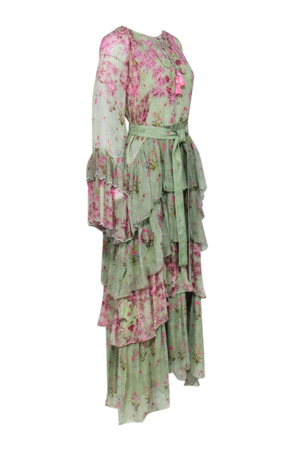 Current Boutique-Hermant & Nandita - Green w/ Pink Floral Print Embroidered Maxi Dress Sz S