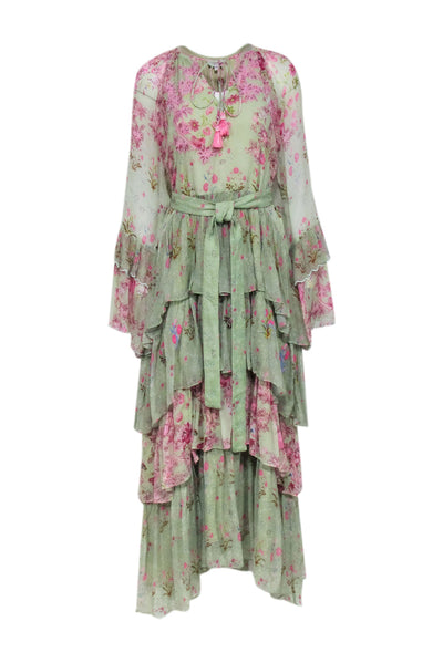 Current Boutique-Hermant & Nandita - Green w/ Pink Floral Print Embroidered Maxi Dress Sz S