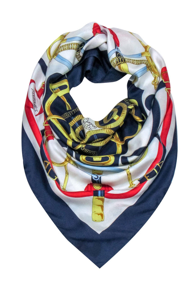 Current Boutique-Hermes - Navy, Red, White & Gold Carre 90 Scarf