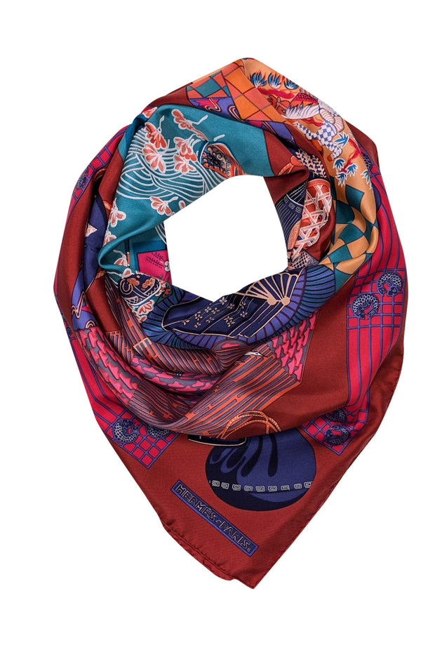 Current Boutique-Hermes - Red, Pink, & Green Print Silk Scarf