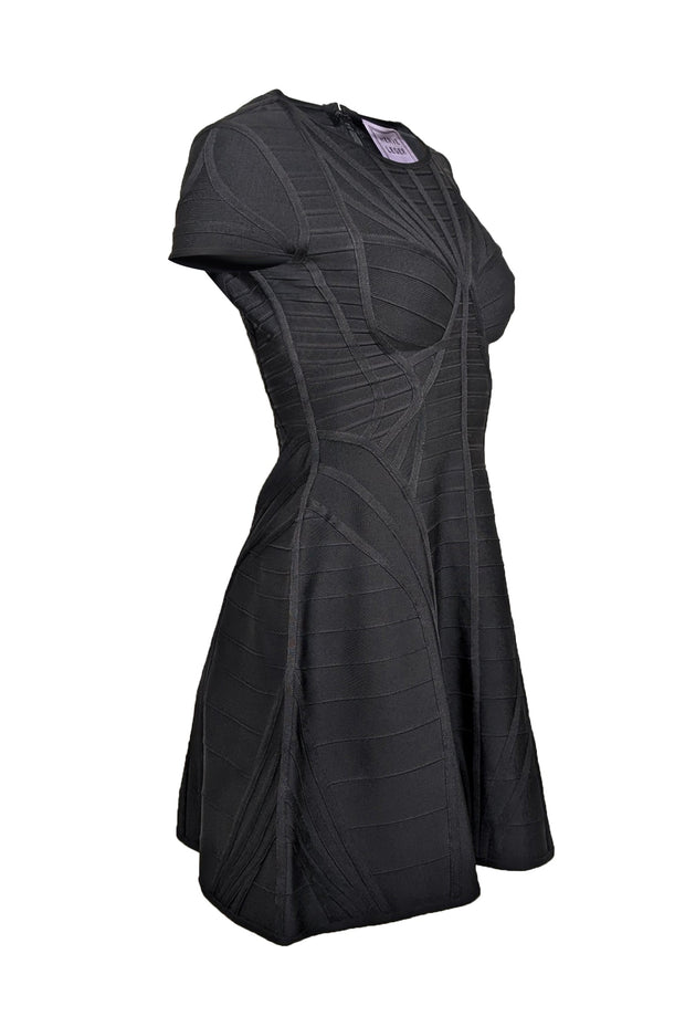 Current Boutique-Herve Leger - Black Cap Sleeve Bandage Textured Fit & Flare Dress Sz M