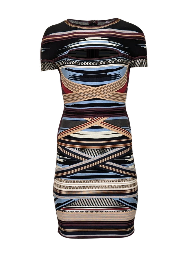 Current Boutique-Herve Leger - Black w/ Multicolor Striped Peekaboo Bandage Dress Sz L