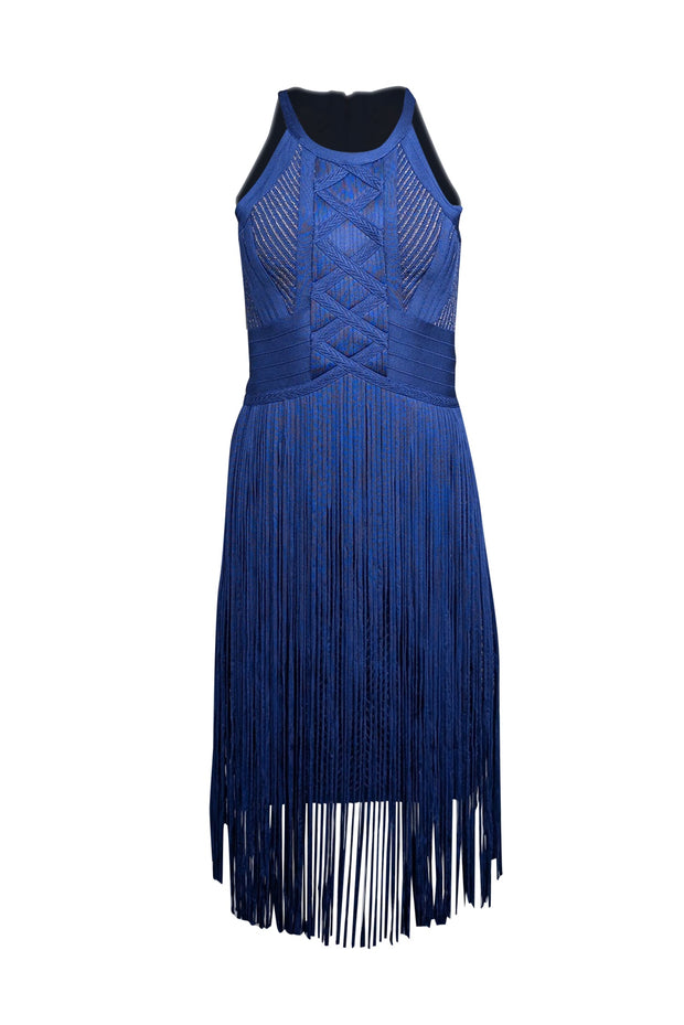 Current Boutique-Herve Leger - Blue Chevron Knit Bodycon Dress w/ Fringe Trim Sz M