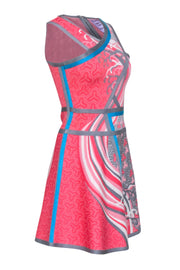 Current Boutique-Herve Leger - Coral Pink, Grey, & Blue "Eriko Tidal Wave" Jacquard Dress Sz M