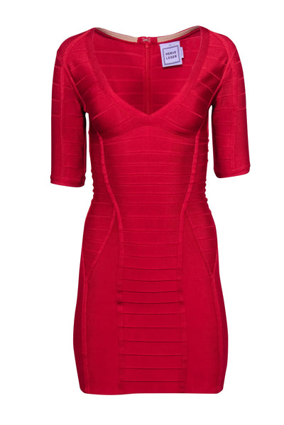 Current Boutique-Herve Leger - Red Bandage V-neckline Dress Sz XS