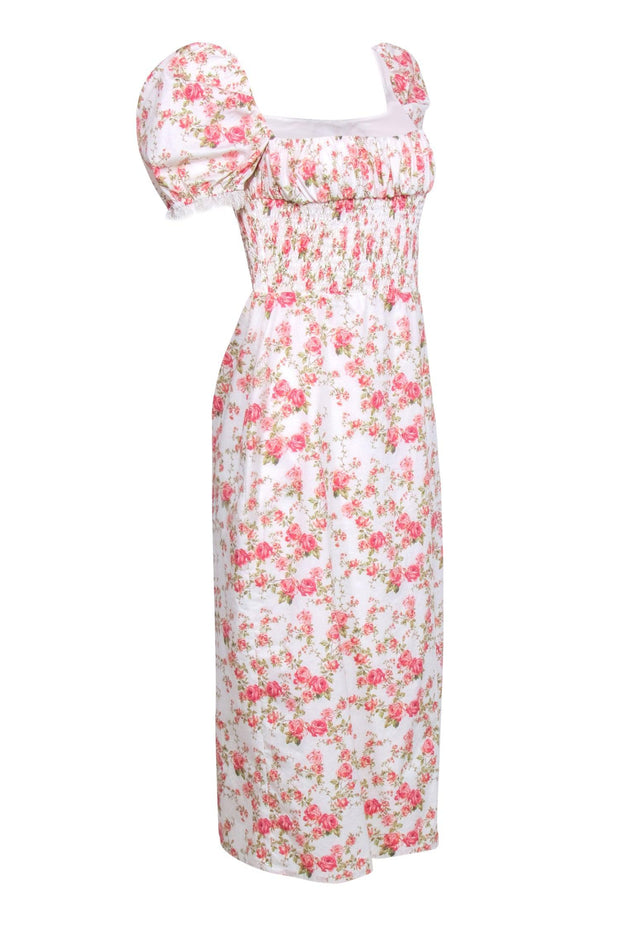 Current Boutique-House of CB - Ivory w/ Rose Print Puff Sleeve Dress Sz L