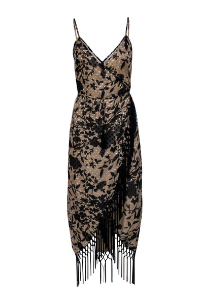 House of Harlow - Beige & Black Vintage Floral Print Wrap Dress w/ Fringe Trim Sz S