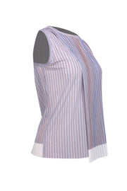 Current Boutique-Hugo Boss - Light Lilac, Blue, & Tan Striped Sleeveless Blouse w/ Plisse Overlay Sz S