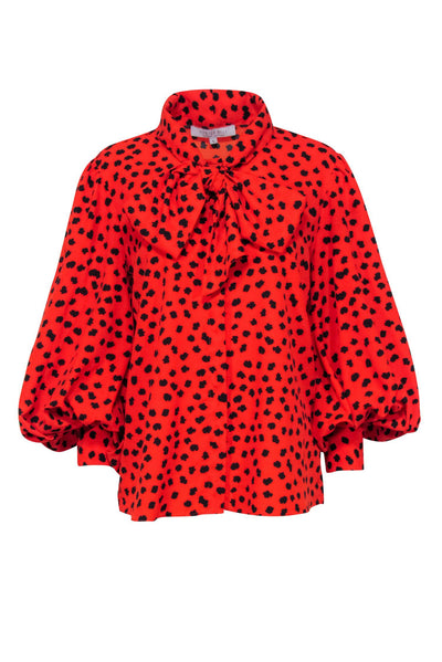 Current Boutique-Hunter Bell - Red w/ Black Spotted Print Tie Neck Button Front Top Sz L