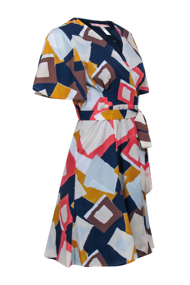 Current Boutique-Hutch - Light Blue, Navy, & Coral Sleeve Abstract Print Wrap Dress Sz MP