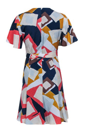 Current Boutique-Hutch - Light Blue, Navy, & Coral Sleeve Abstract Print Wrap Dress Sz MP