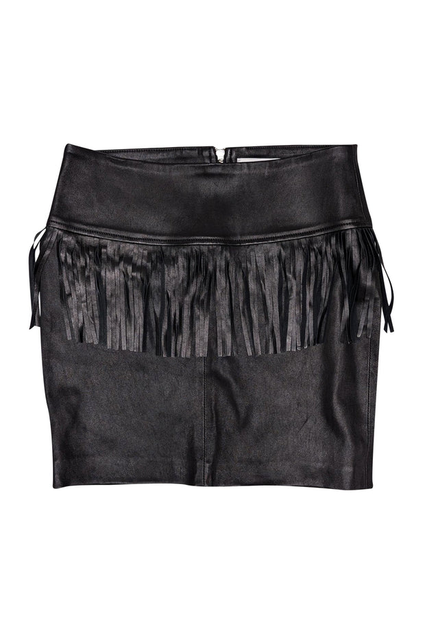 Current Boutique-IRO - Black Lamb Leather Fringe Trim Mini Skirt Sz 6