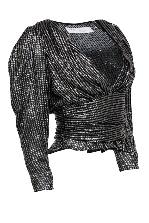 Current Boutique-IRO - Black w/ Silver Sequin Ruched "Ciota" Top Sz 2