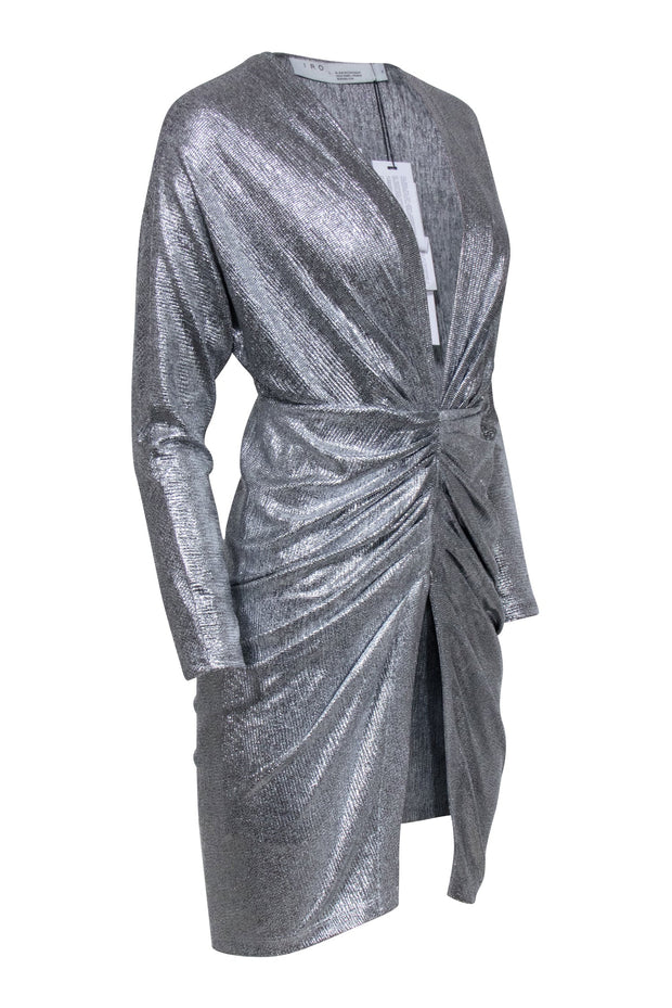 Current Boutique-IRO - Silver Metallic V-Neck Ruched Dress Sz 4