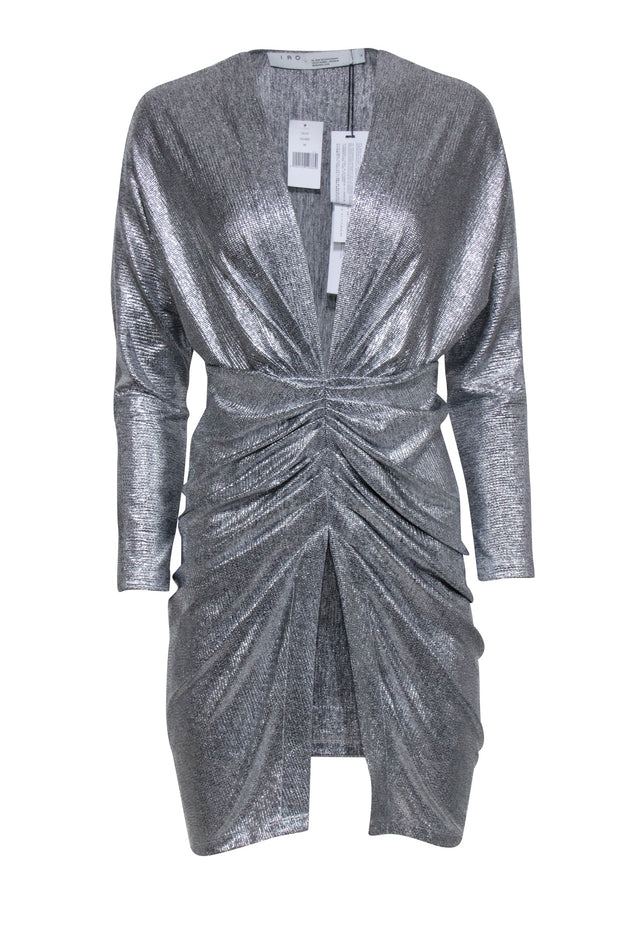 Current Boutique-IRO - Silver Metallic V-Neck Ruched Dress Sz 4