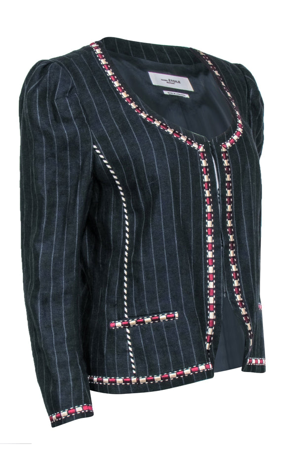 Current Boutique-Isabel Marant Etoile - Navy Pinstripe Crop Jacket w/ Embroidery Sz XL