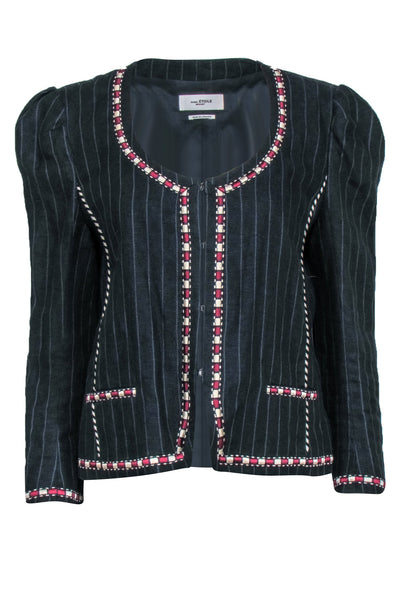 Current Boutique-Isabel Marant Etoile - Navy Pinstripe Crop Jacket w/ Embroidery Sz XL
