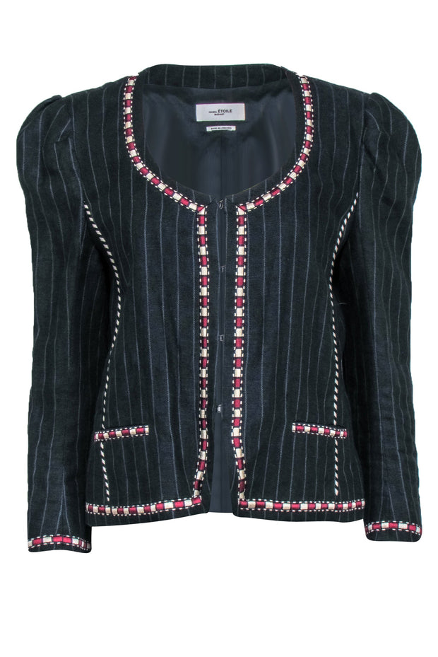 Isabel Marant Etoile - Navy Pinstripe Crop Jacket w/ Embroidery Sz XL